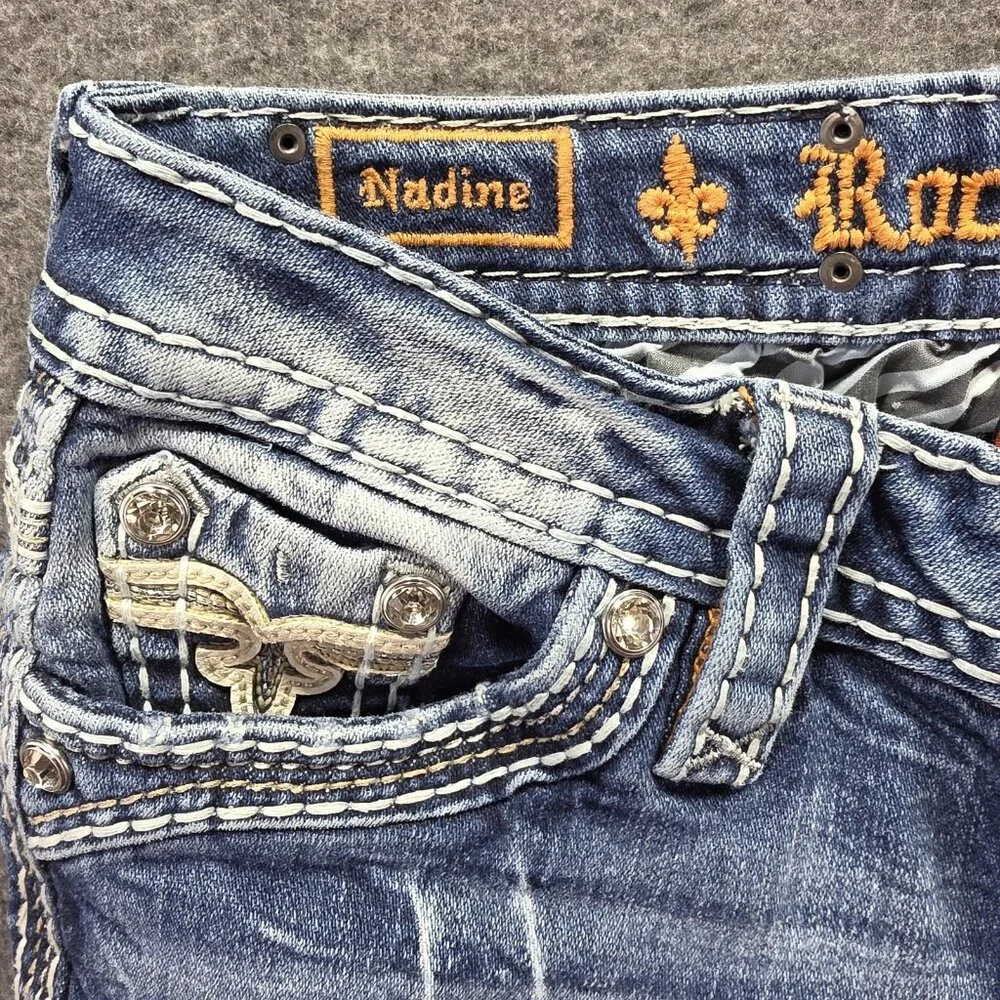 Rock Revival Jeans Womens 24 Bootcut Nadine Distressed Rhinestone Embroidered - Picture 3 of 11